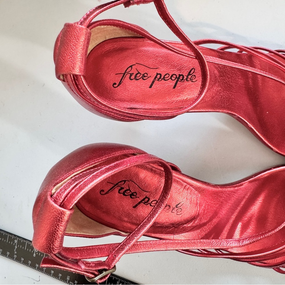Free People Disco Fever Metallic Red Strappy Stiletto Heels Size 38 US 7.5 Party - Picture 10 of 12